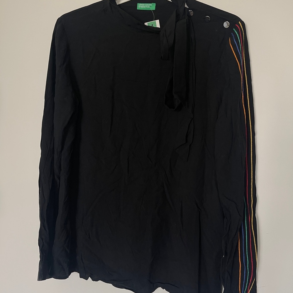 United Colors of Benetton Black Long Sleeve Shirt with Rainbow Stripe